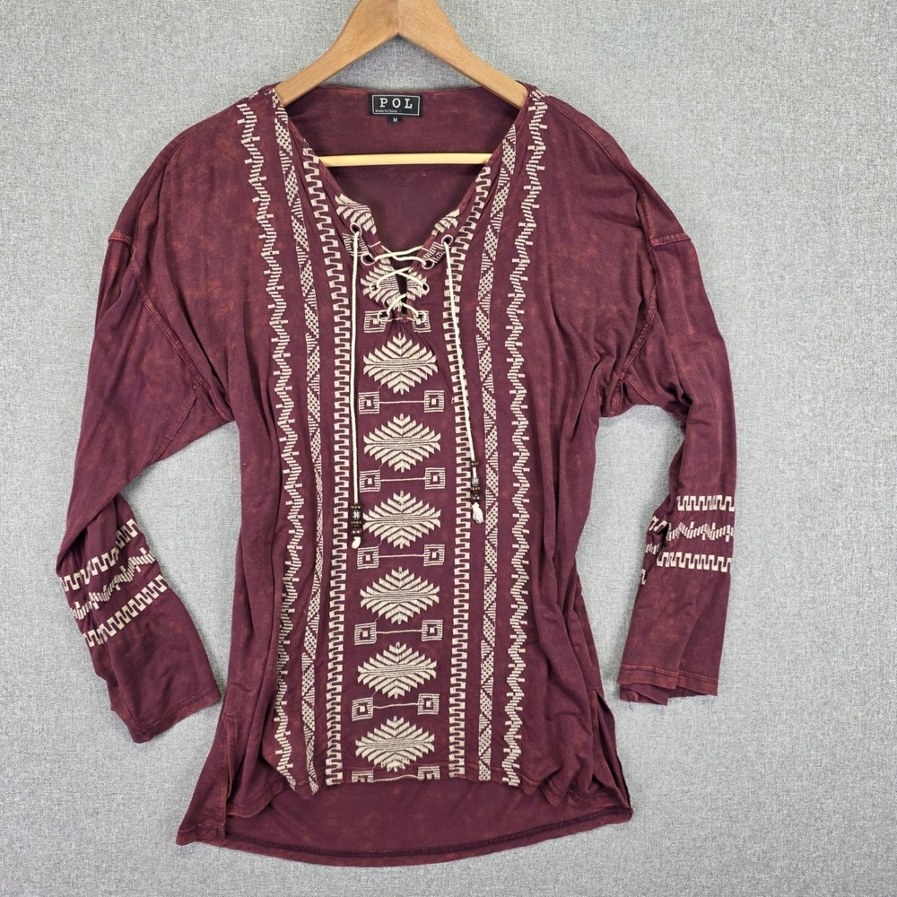 POL Mens M Burgundy Acid Wash Tribal Embroidered Lace Up Top Boho Western PT39